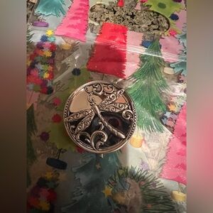 Source Unknown Silver Pillbox with Mirror. Dragonfly Design.